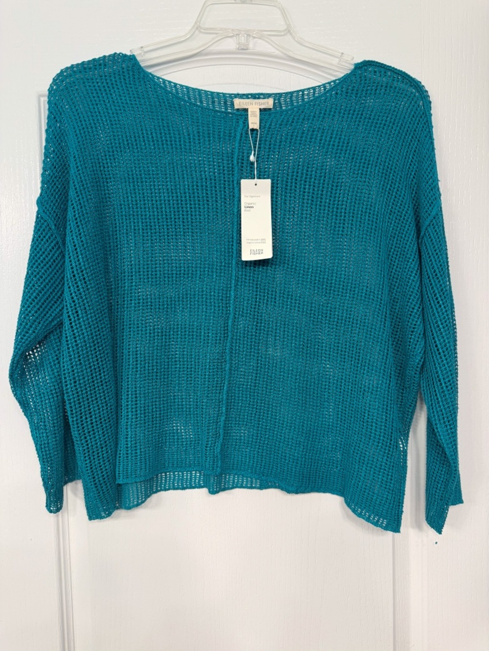 Eileen Fisher Organic Linen Open Knit Bateau Neck Top | Turquoise | NWT | Sz M